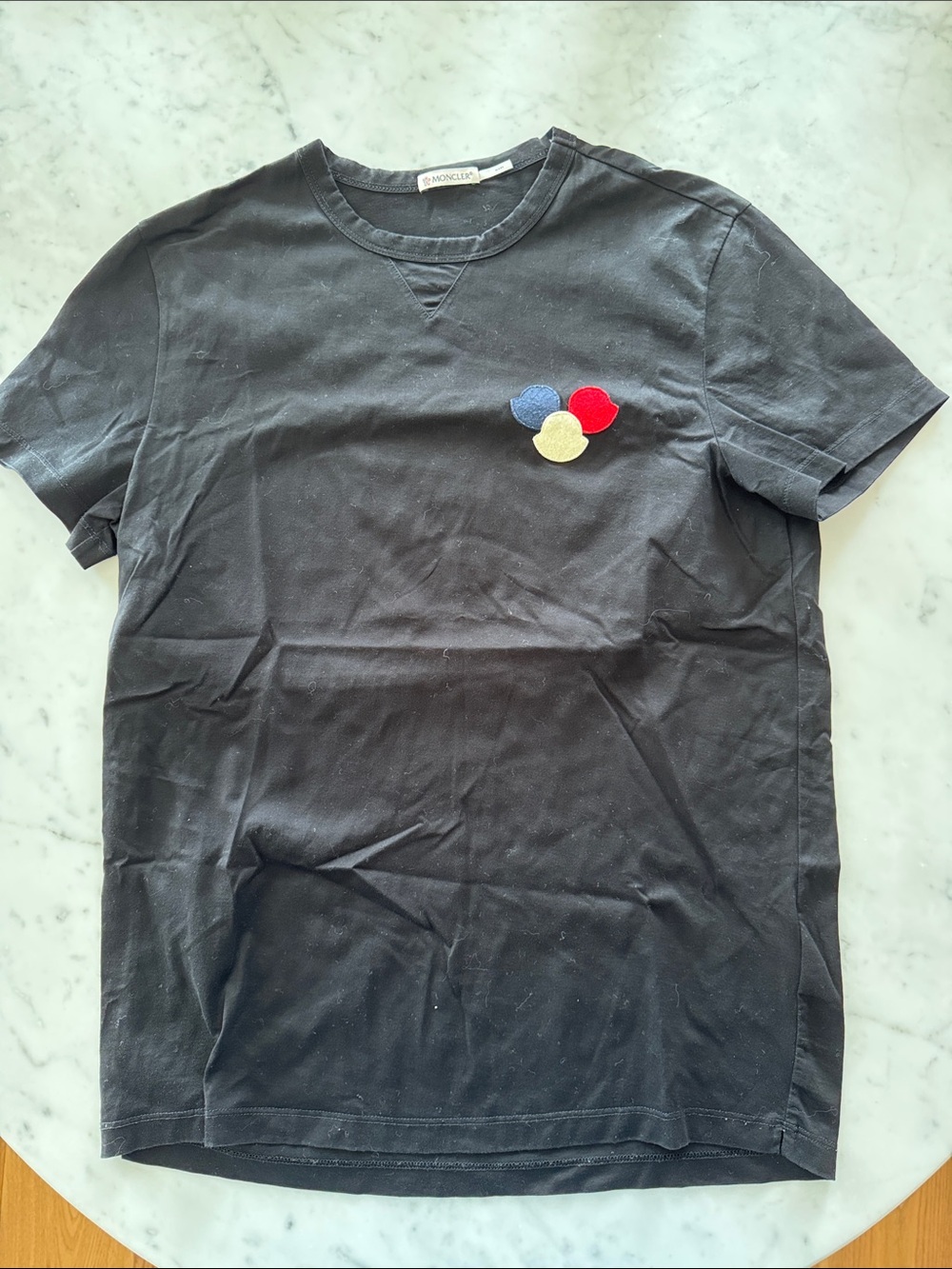 Moncler Black Short-Sleeve Crewneck T-Shirt with Blue, Red & Cream Patch